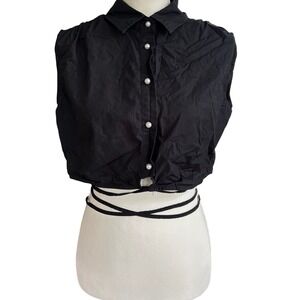 Future Collective Crop Top Sleeveless Pearl Button Tie Waist Black Shirt‎